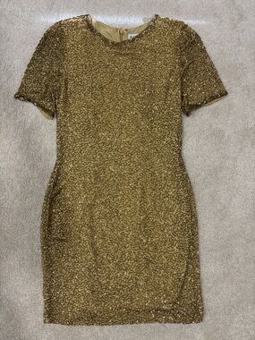 Vintage silk hand beaded Black Tie Gold Short Sleeve Cocktail Dress
